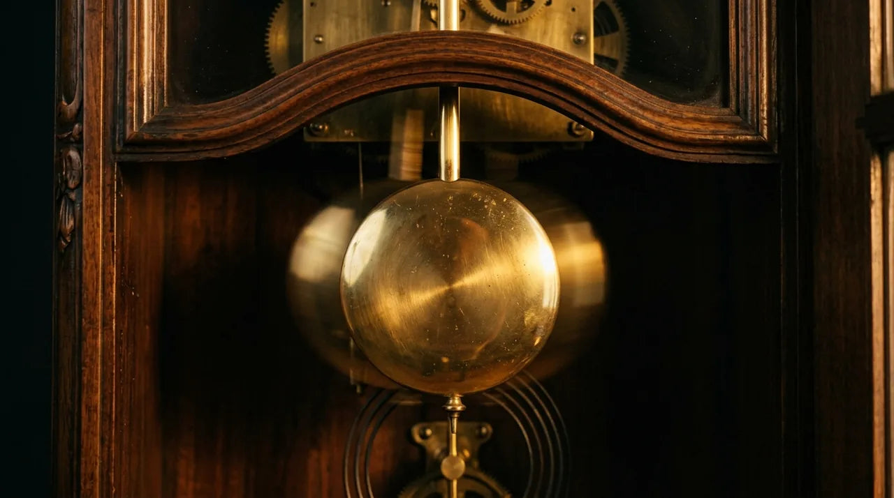 Pendule à balancier d'une horloge mécanique ancienne avec bronze poli évoquant Huygens