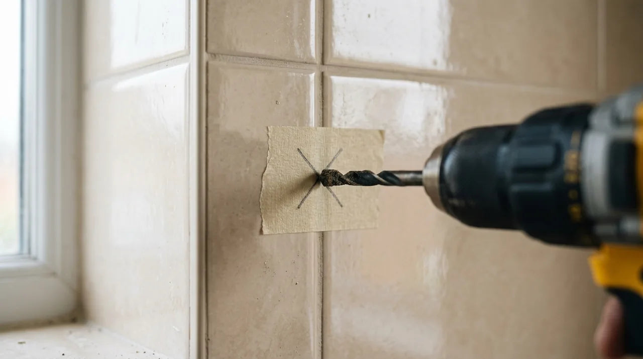 Marquage d'une fixation murale avec du ruban de masquage sur du carrelage avant perçage