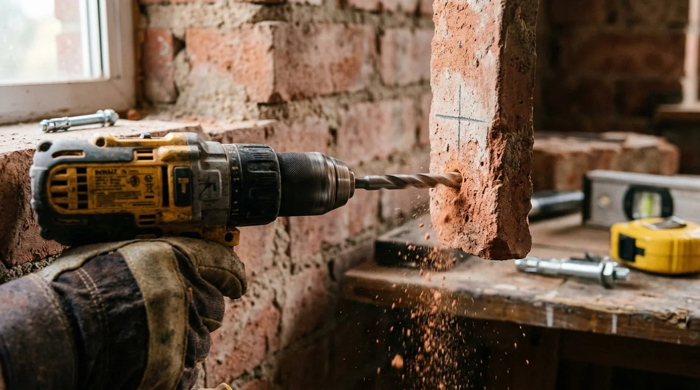 Perceuse en action dans un mur en brique pour installer une cheville d'expansion