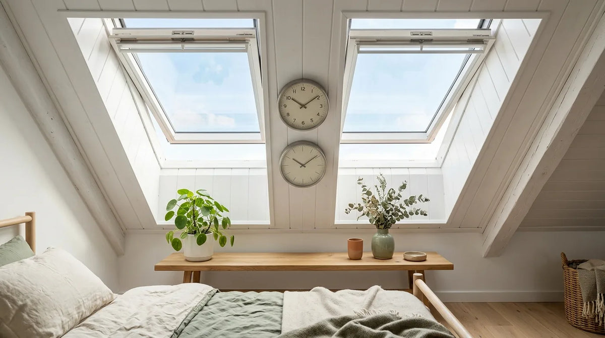 Horloge sur un petit pan de mur entre deux Velux dans une pièce mansardée