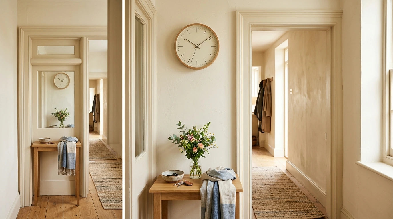 Petite horloge murale placée au-dessus d'une porte dans une entrée étroite placement malin