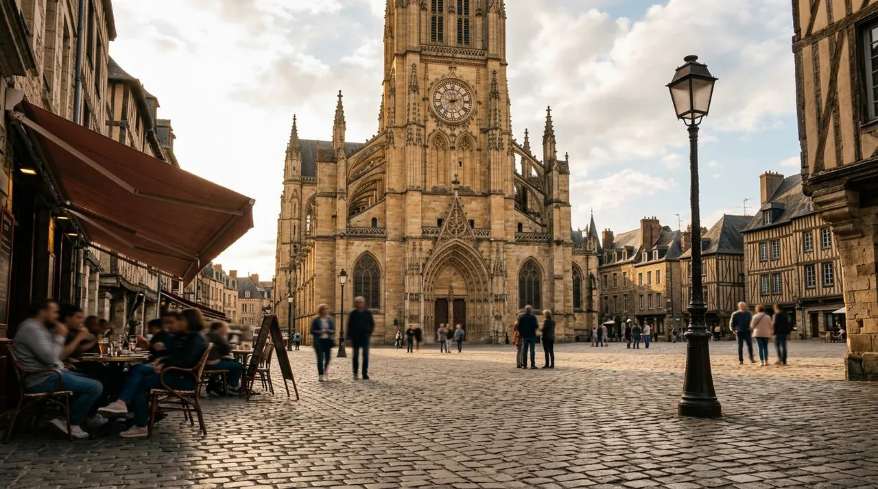 Place ancienne avec cathédrale et horloge en pierre évoquant les monuments horlogers européens