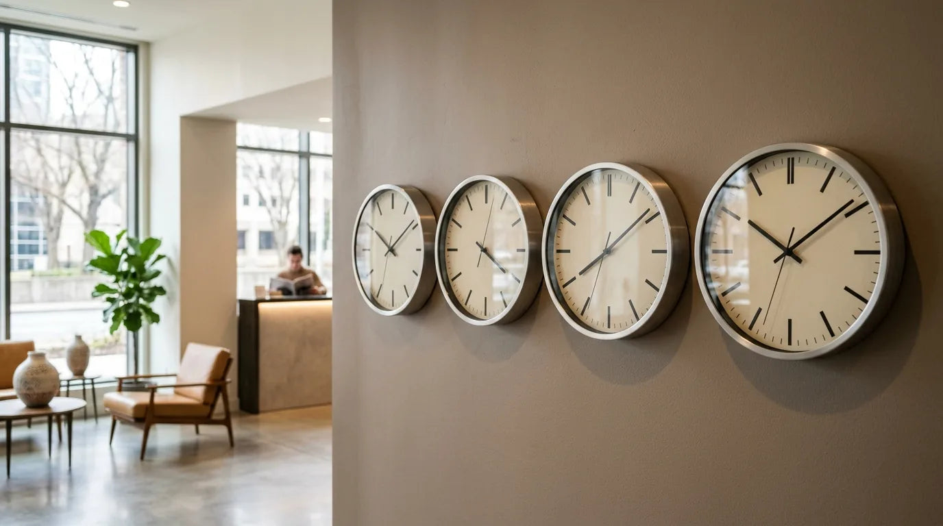 Plusieurs horloges murales affichant des heures différentes pour plusieurs villes du monde