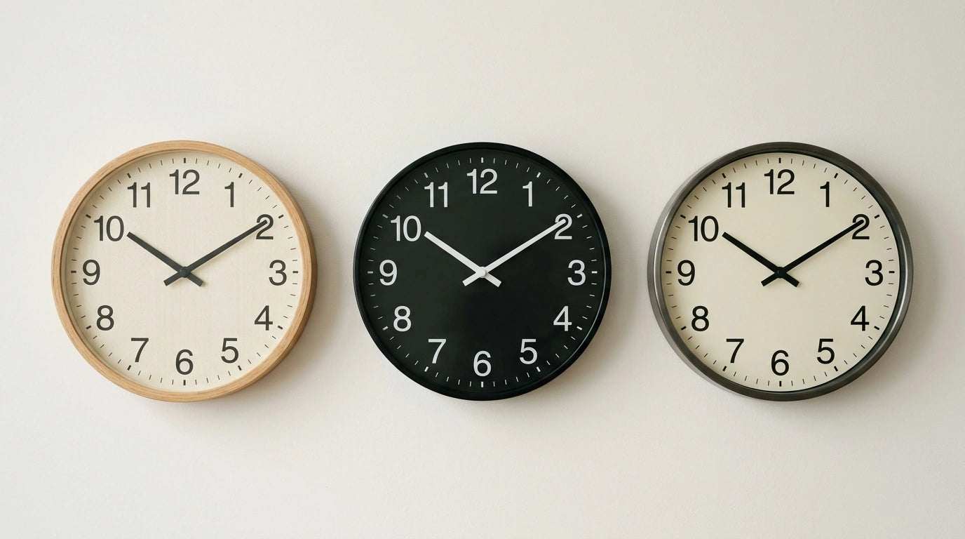 Trois horloges murales affichant toutes 10h10 illustrant la convention des photos de cadran