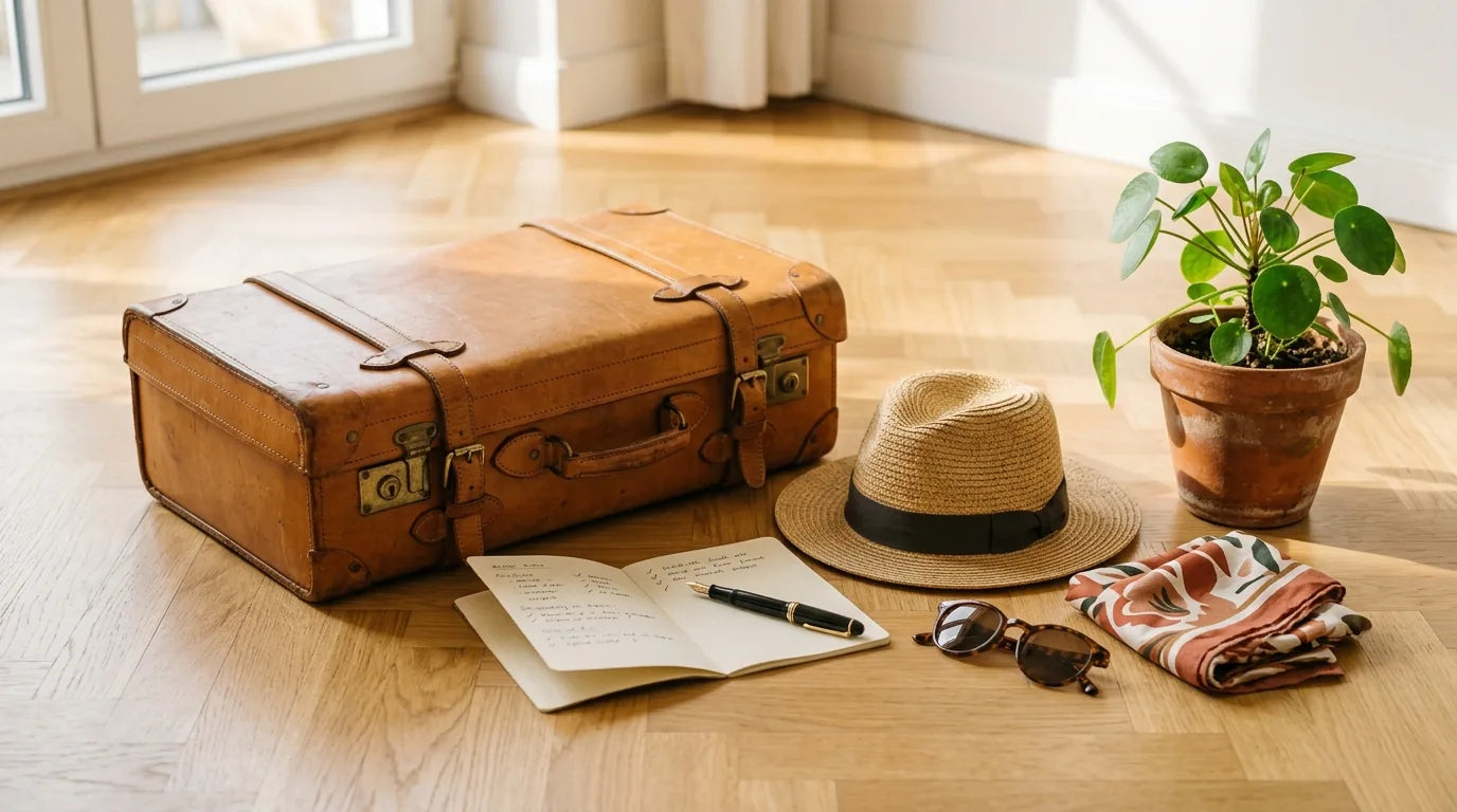 Check-list de départ en vacances posée à côté d'une valise prête sur un parquet clair