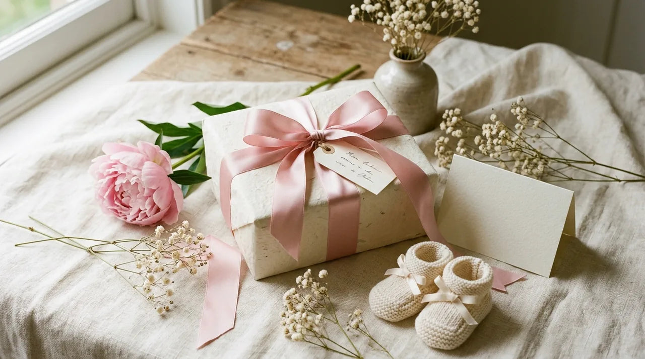 Présentation soignée d'un cadeau de naissance avec emballage doux et ruban satin