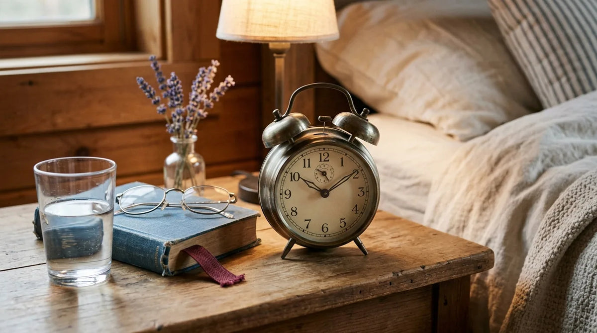 Réveil classique à cloches sur table de nuit illustrant l'horloge avec sonnerie programmable