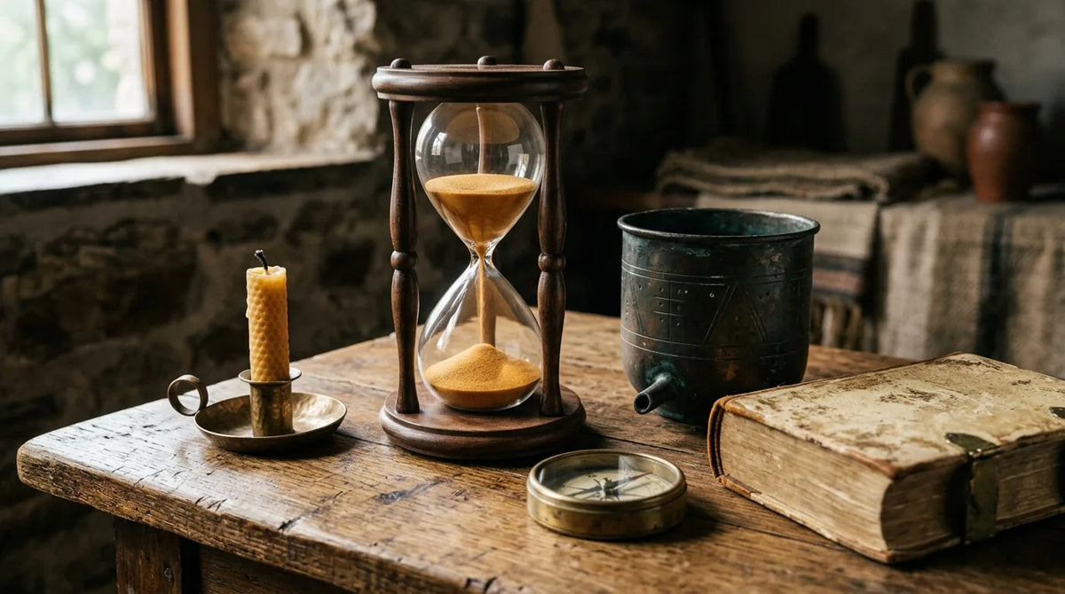 Sablier ancien et clepsydre évoquant la mesure du temps avant l'horloge mécanique