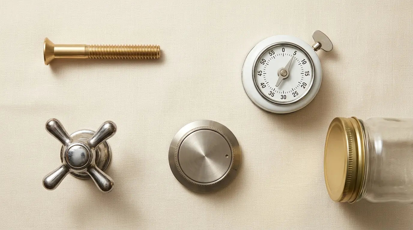 Objets du quotidien vis robinet et boutons illustrant la convention du sens horaire