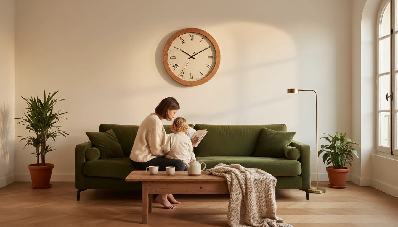 Moment de calme familial dans salon avec horloge silencieuse atmosphère sereine