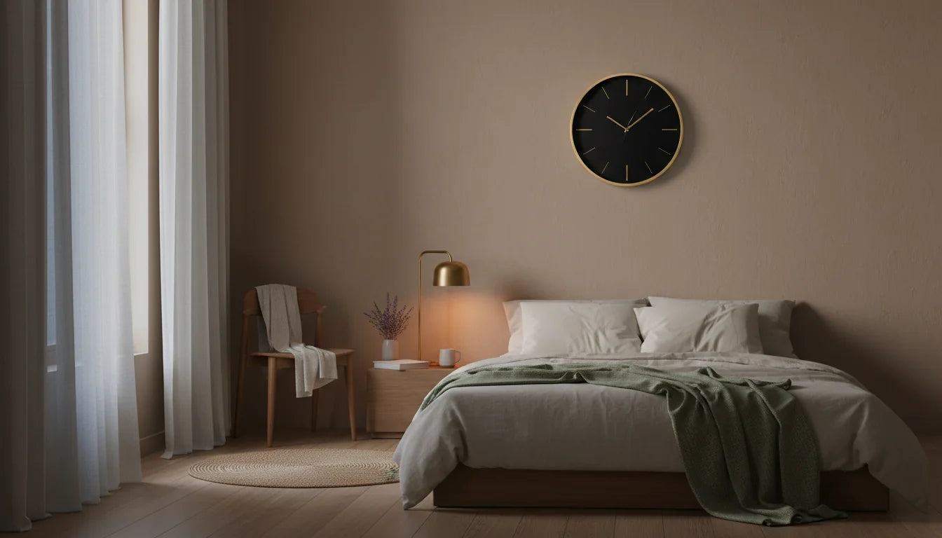 Chambre paisible la nuit avec horloge murale silencieuse atmosphère propice au sommeil