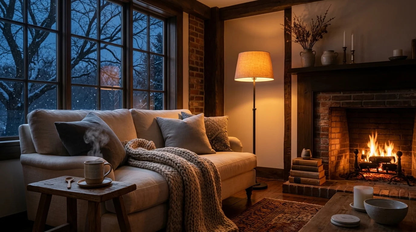 Intérieur cocooning d'une soirée d'hiver avec heure d'hiver tôt