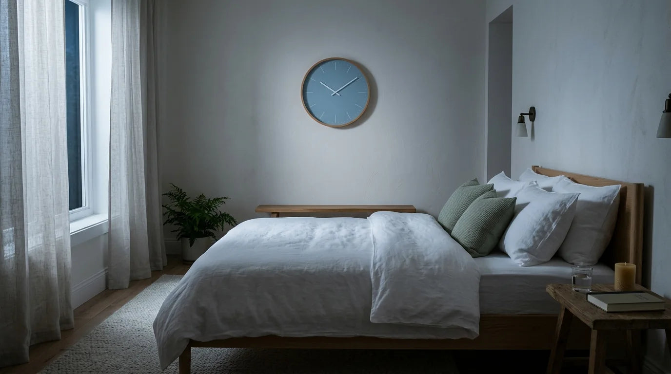 Chambre silencieuse pour sommeil profond avec horloge sweep respectant le rythme circadien