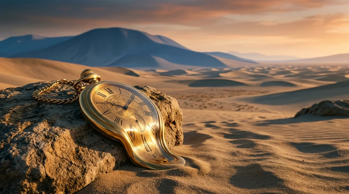 Surréalisme inspiration Dalí avec montre molle évoquant le temps fluide paysage onirique