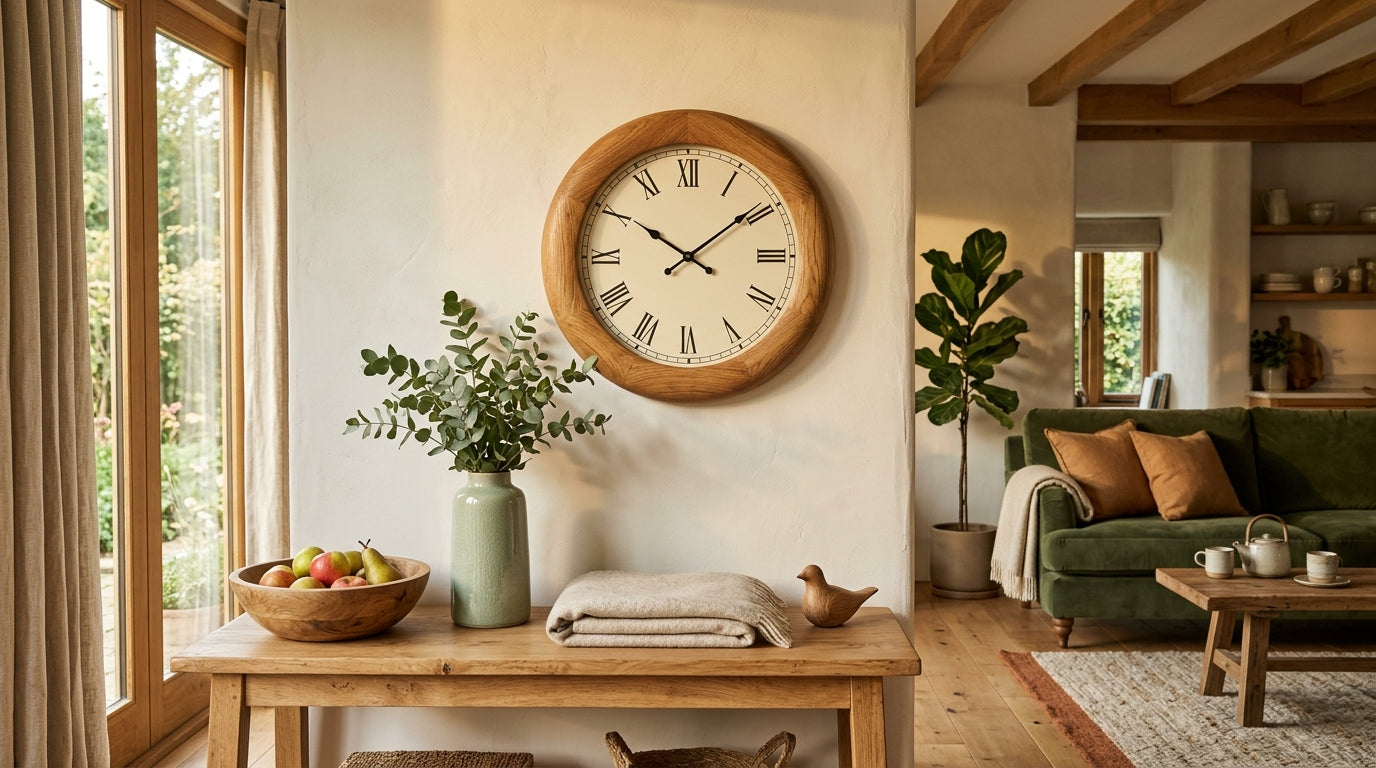 Tendance bois naturel 2026 horloge murale dans un salon chaleureux avec matières brutes