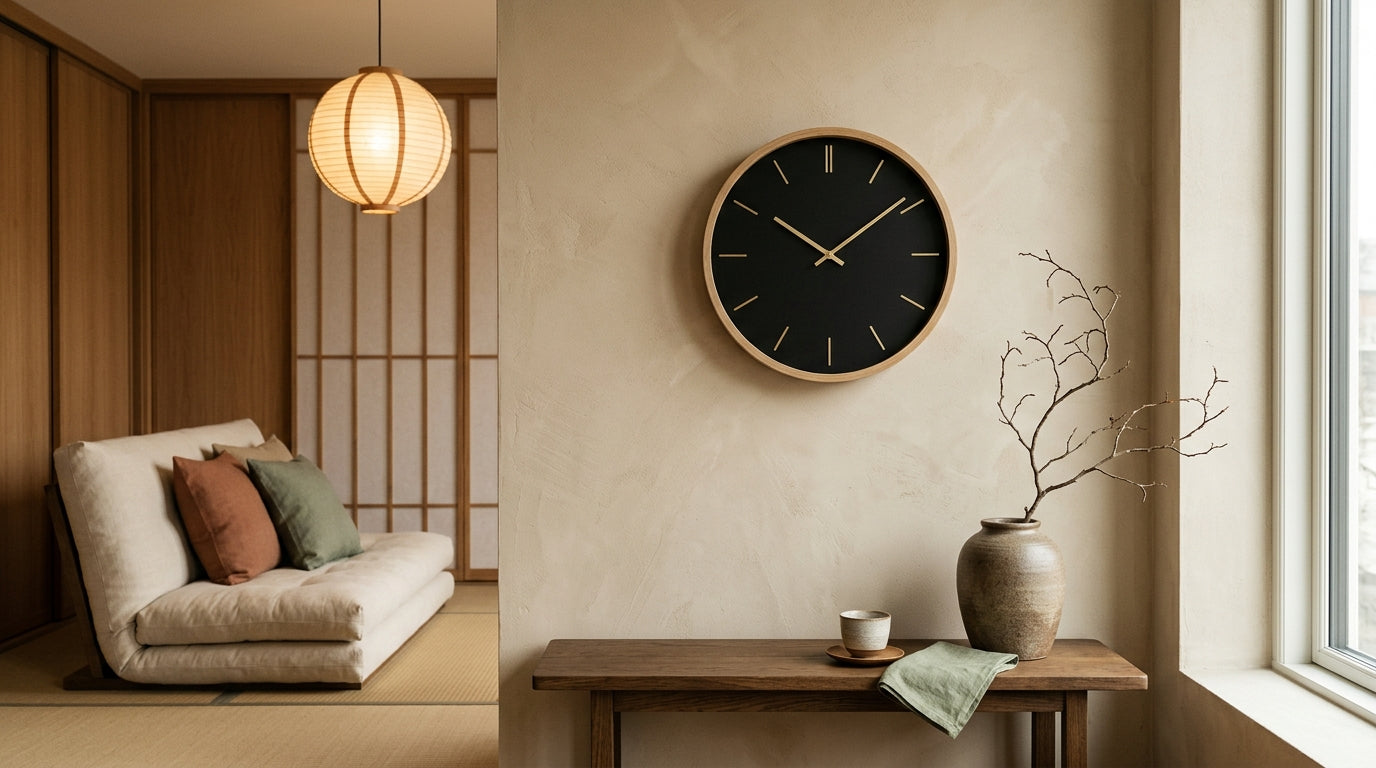 Salon japandi 2026 avec horloge murale au cadran noir mat épuré et matières naturelles