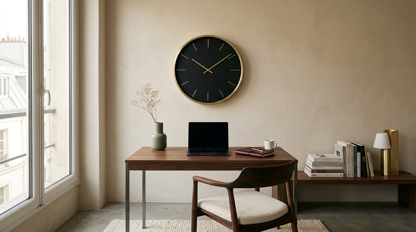 Bureau minimaliste précieux 2026 avec horloge murale design sans chiffres en métal brossé