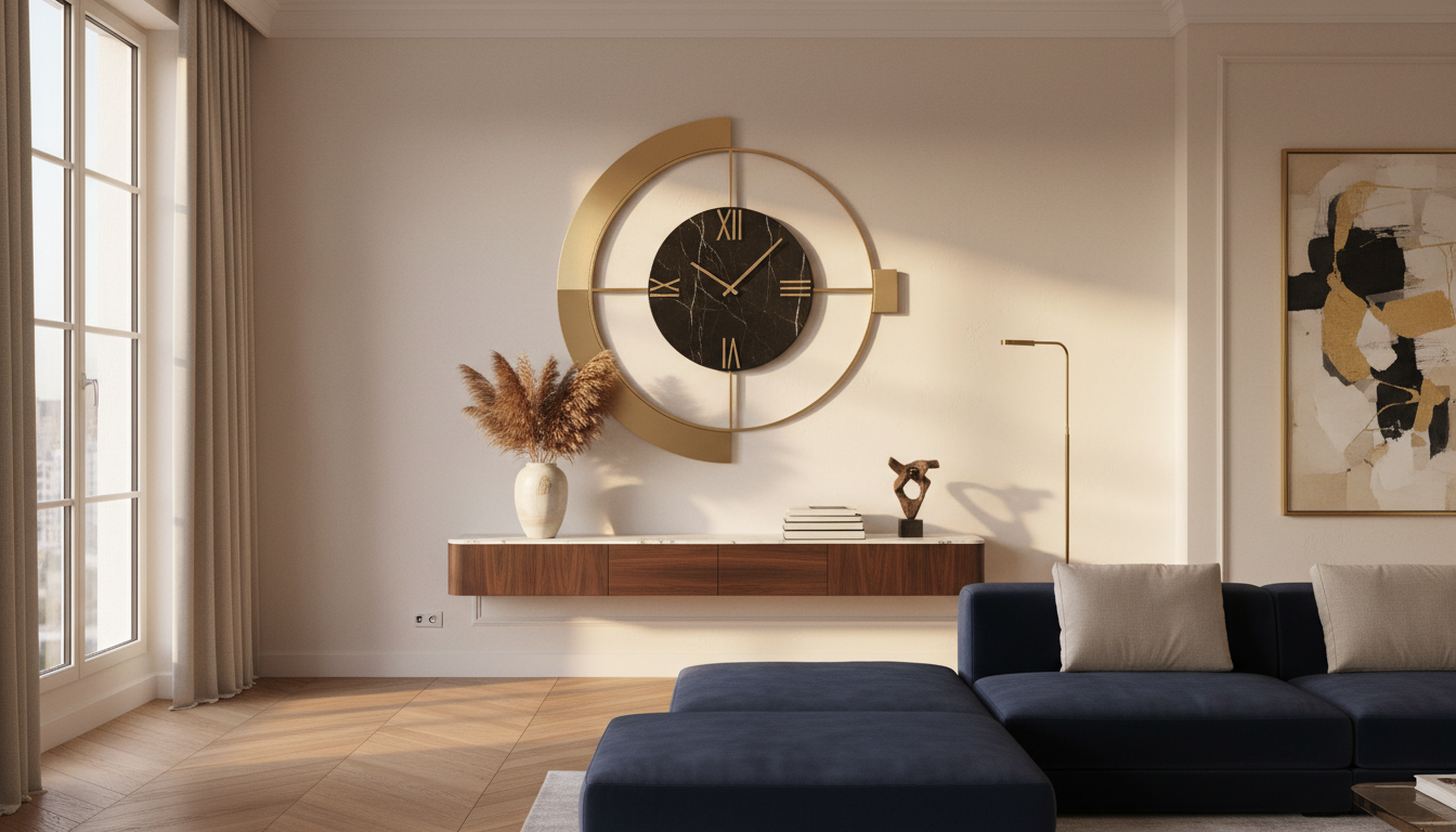 Tendance statement piece 2026 grande horloge murale XXL dominant un salon contemporain