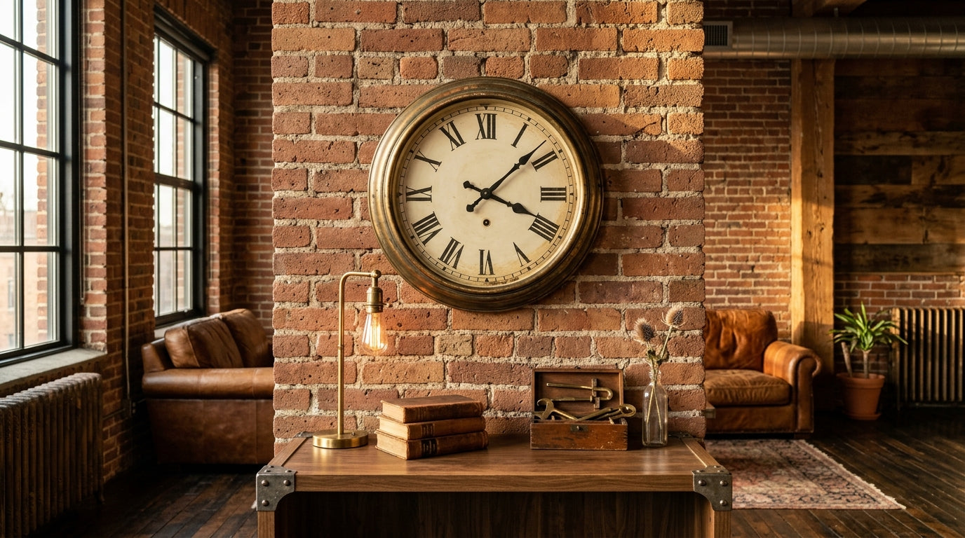 Loft industriel 2026 avec horloge vintage en métal patiné brique apparente