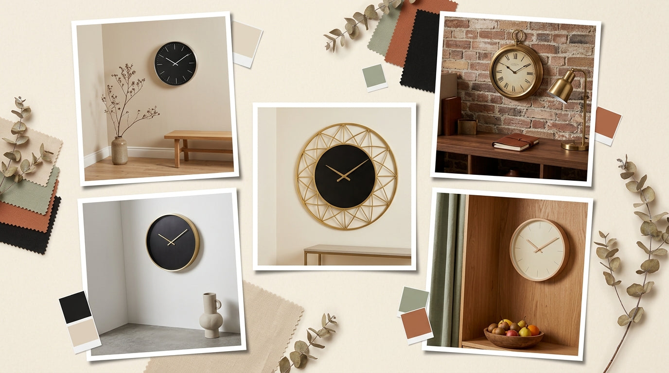Mood board des 5 tendances déco 2026 avec horloges murales japandi vintage minimaliste statement et bois