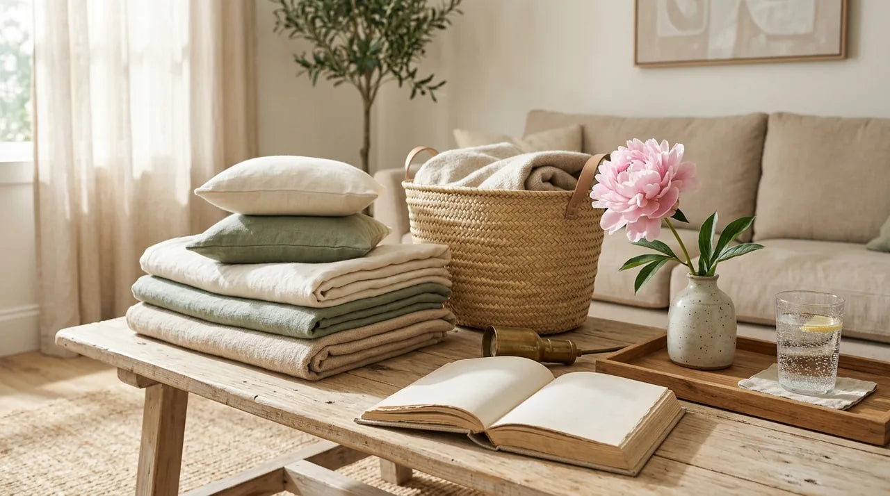 Textiles en lin léger et coussins naturels pour alléger une déco salon en été