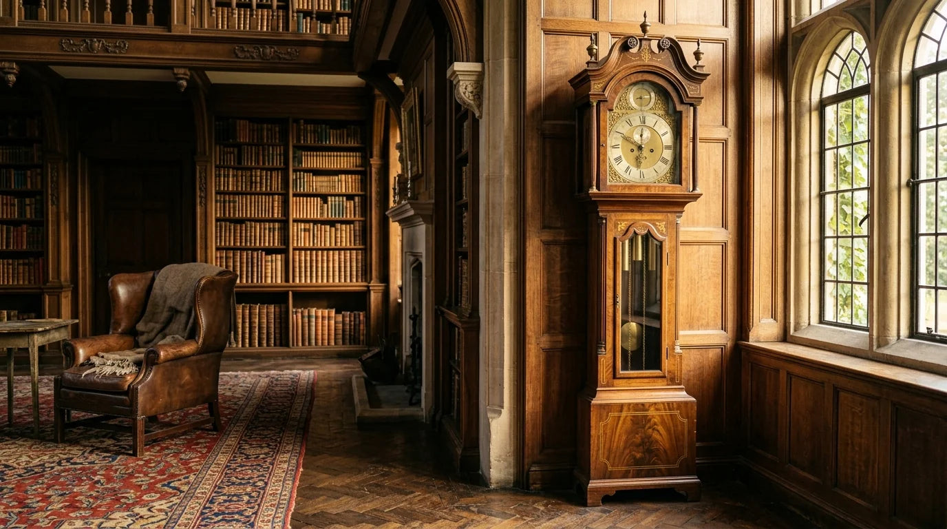 Horloge anglaise type longcase grandfather clock du 17ème siècle dans un intérieur d'époque