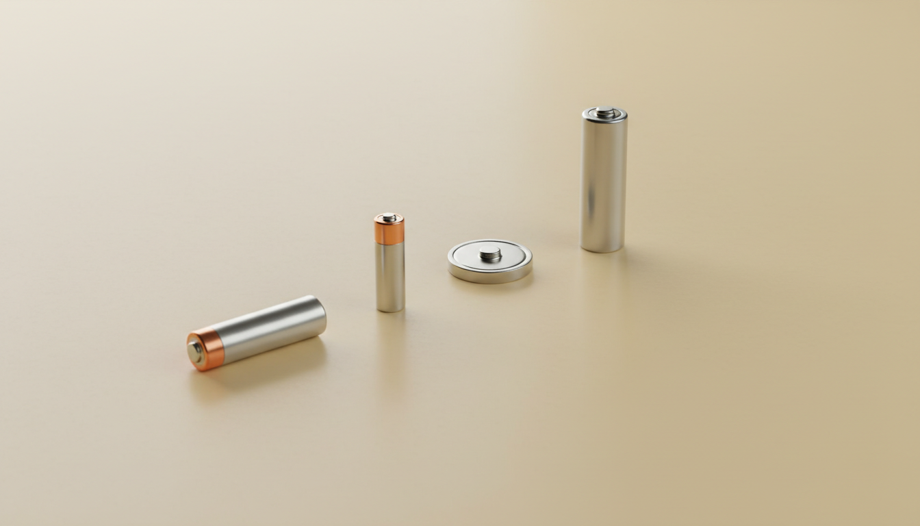 Différents formats de piles AA AAA et lithium pour horloge murale alignés sur fond clair