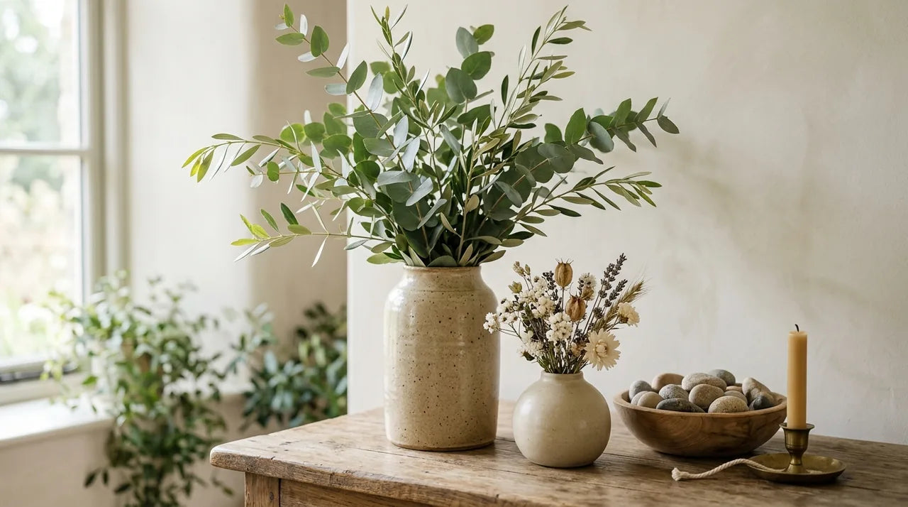 Branches d'eucalyptus dans un vase apportant fraîcheur végétale à une déco d'été