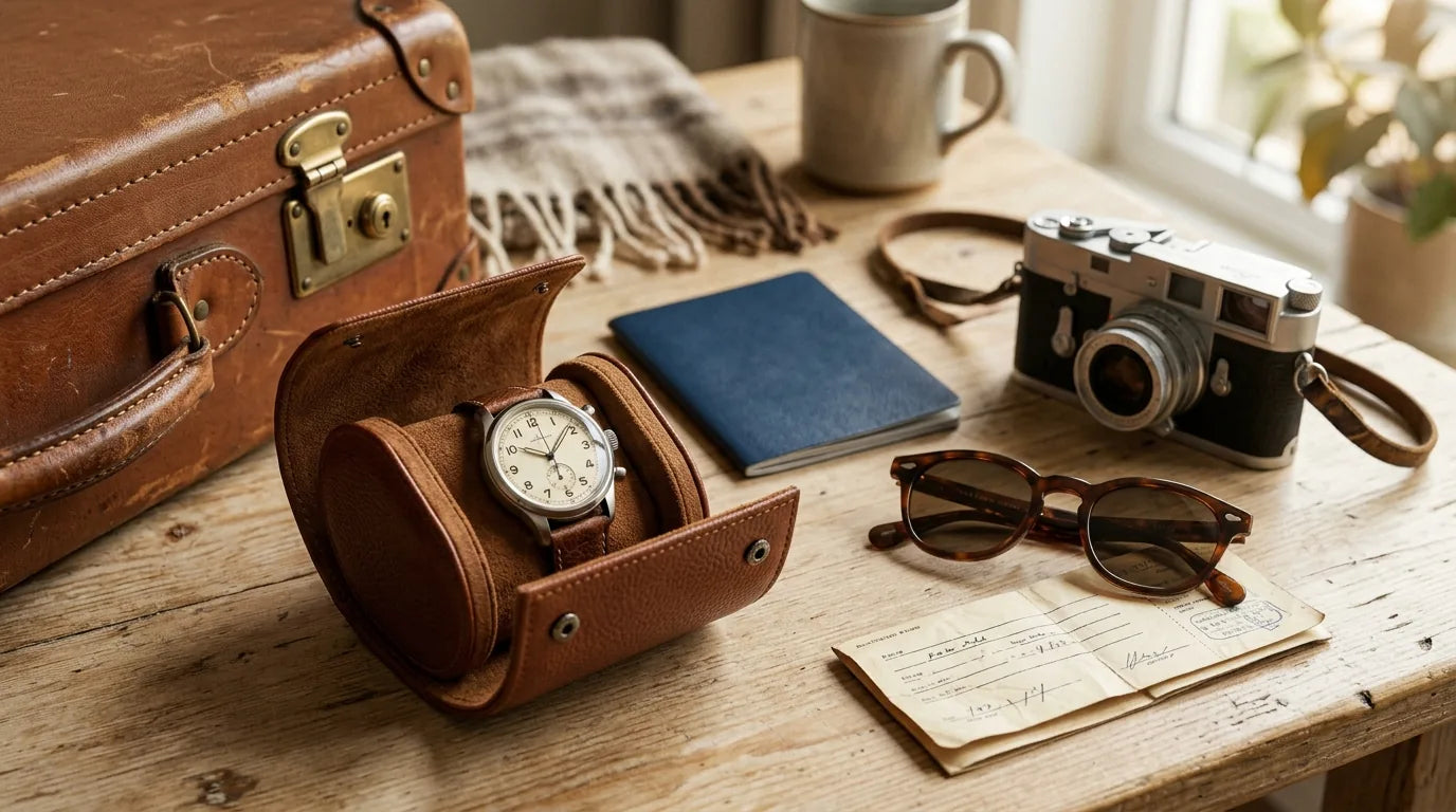 Scène de voyage évoquant le décalage horaire avec montre et valise